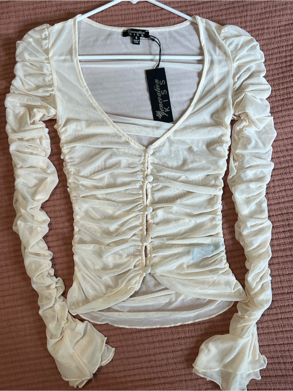 Dollskill Cream Ruched Long-Sleeve Top